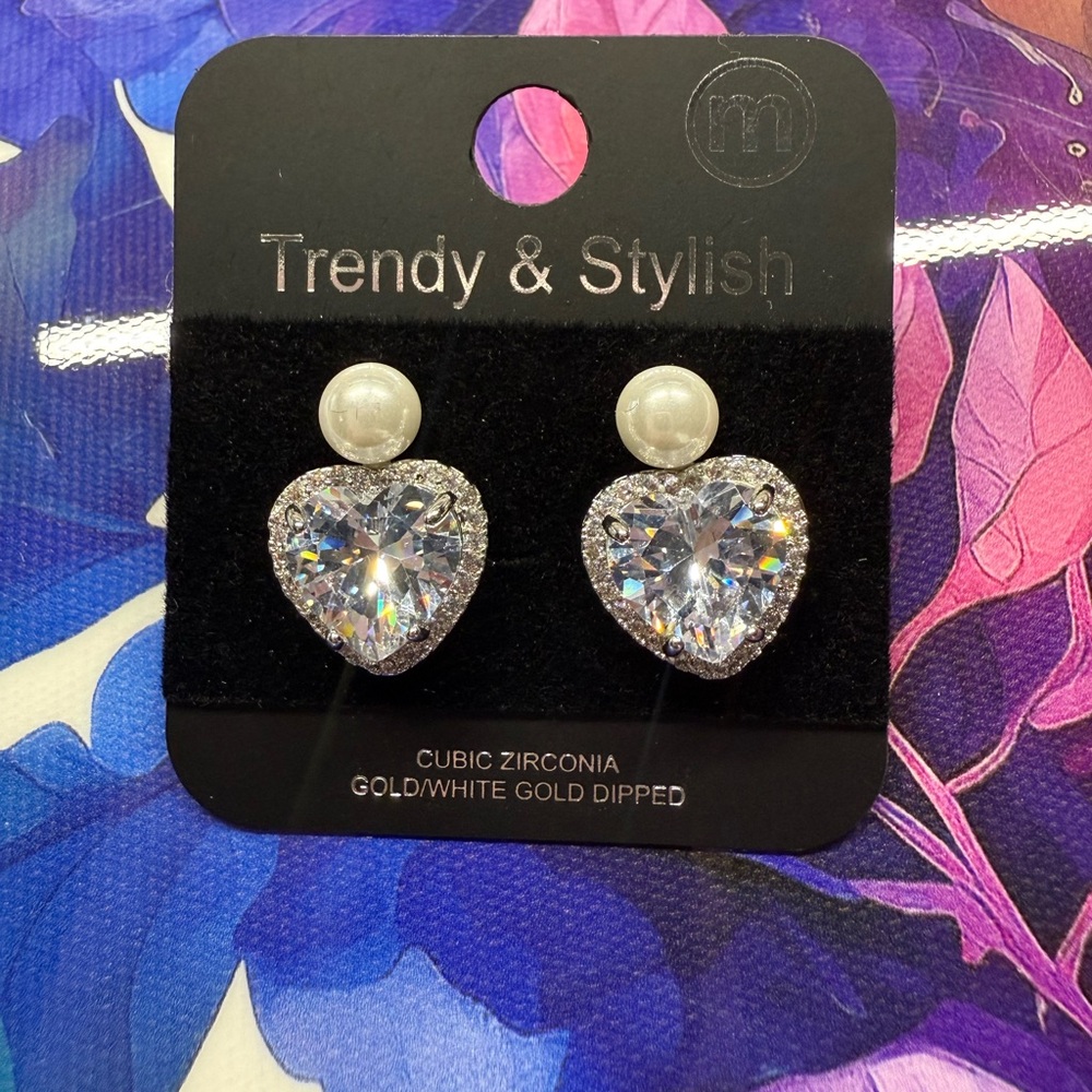 Gold/White Gold Dipped Heart Earrings with Pearl & Cubic Zirconia Accent NEW